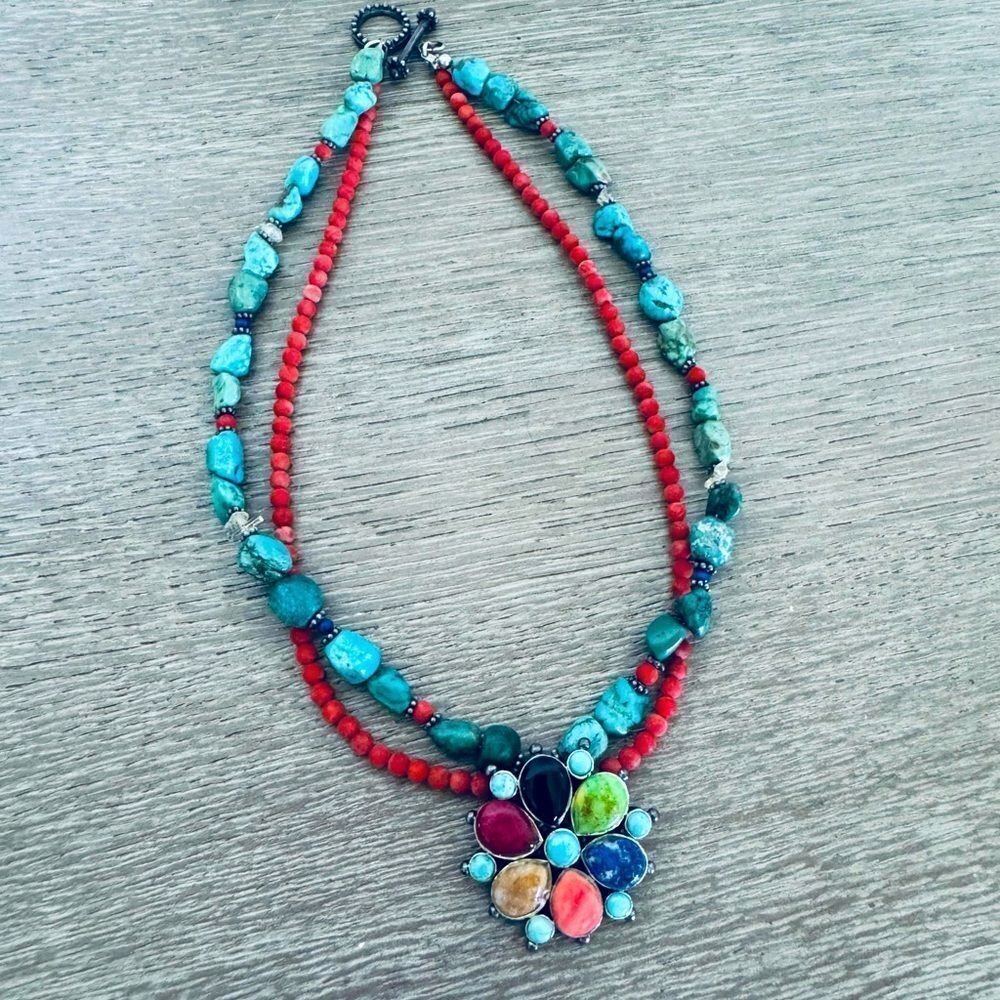 Barse 925 Silver Turquoise Red Beaded Floral Stone Pendant Statement Necklace